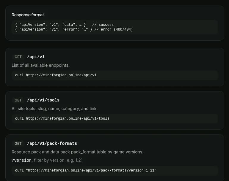Документация публичного API Mineforgian с эндпоинтами и примерами curl